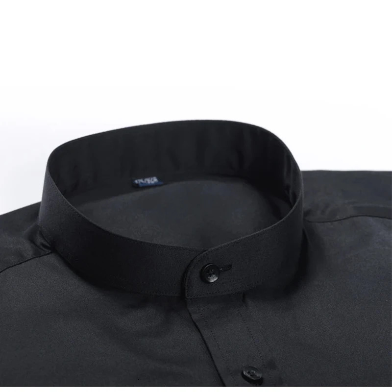 Mens Long Sleeve Mandarin Collar Shirt Single Patch Pocket Smart Casual Regular-fit Business Office Dress Shirts 250616