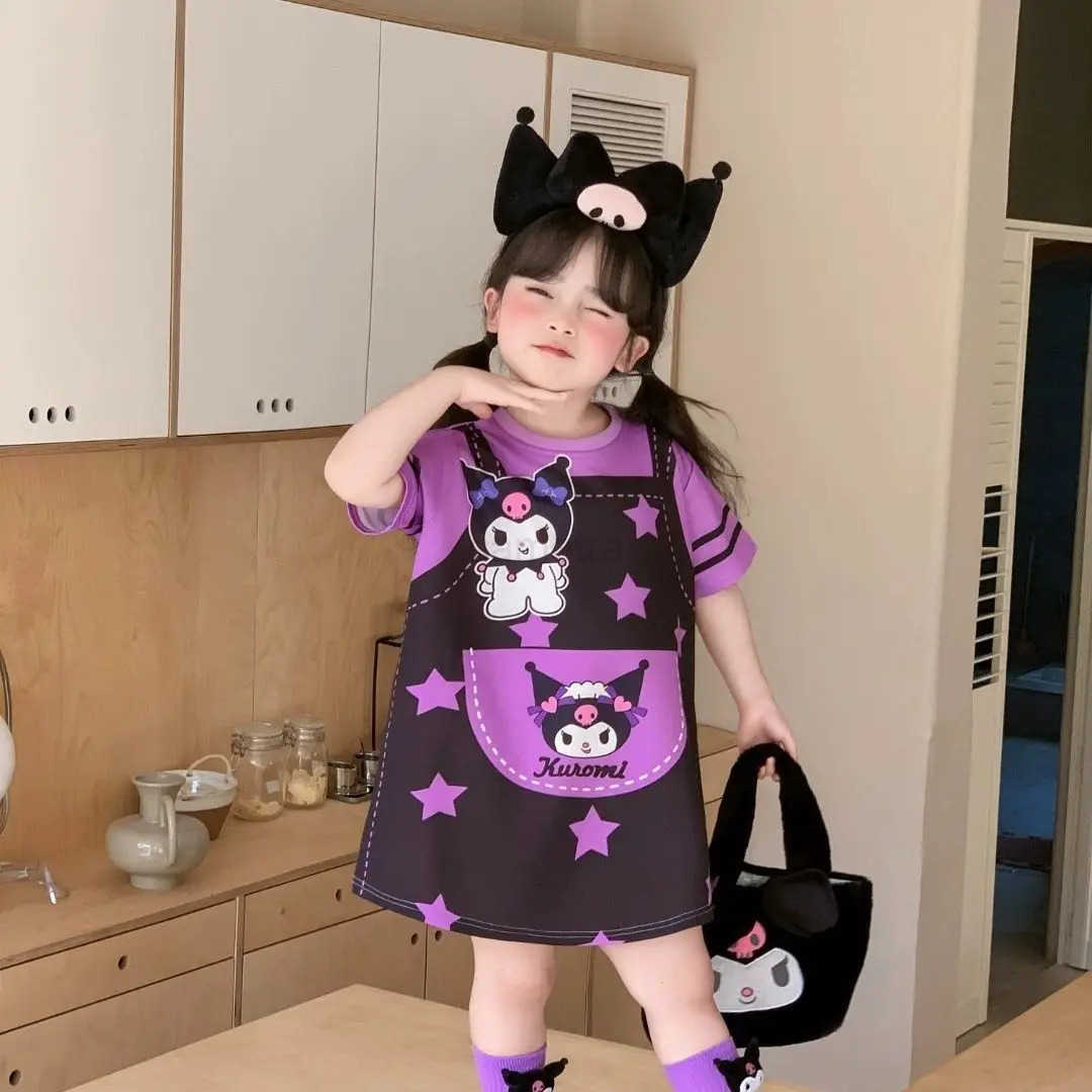 Sanrio Cute Casual Girls Dress 2025 Summer Children Cartoon Sanrio Short Sleeve Kuromi Dresses Toddler Sweet Princess Dresses ClothesXJ250618