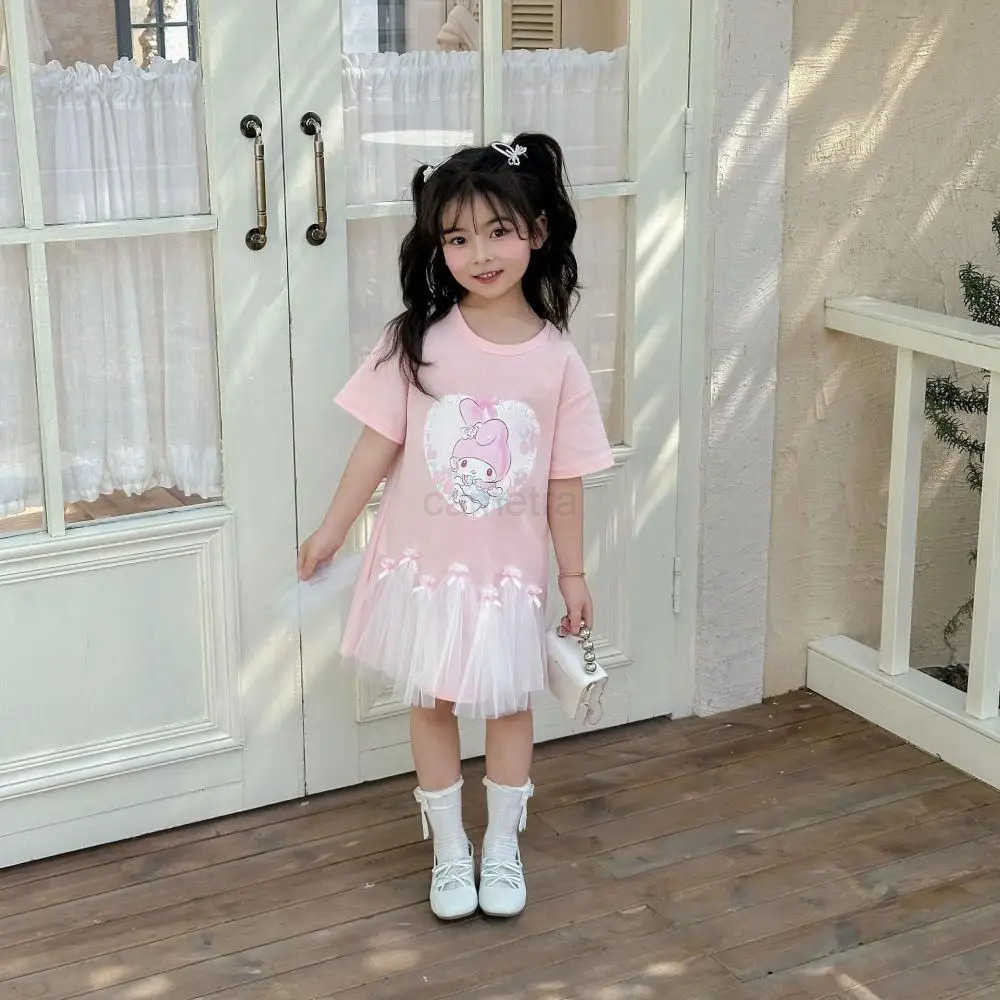Sanrio Sanrio My Melody Girl Kuromi Short Sleeve T-Shirt Dress Cinnamoroll Summer Cute Cartoon Hot Mesh Princess Skirt Childrens Skirt XJ250618