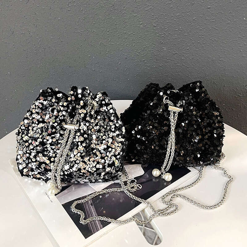 2025 Fashion Personality Sequin Drawstring Bucket Stylish Versatile Chain Shoulder Crossbody Bag