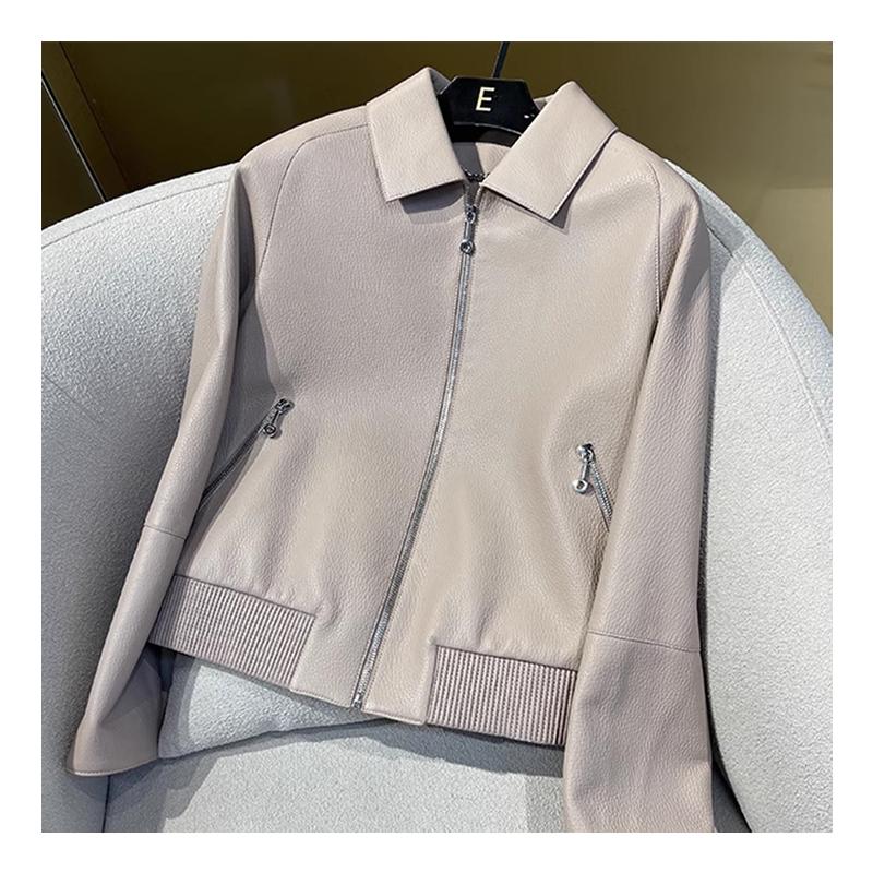 Chic Autumn Collection: Sleek Ladies' Leather Coat w/ Stand-Up Collar