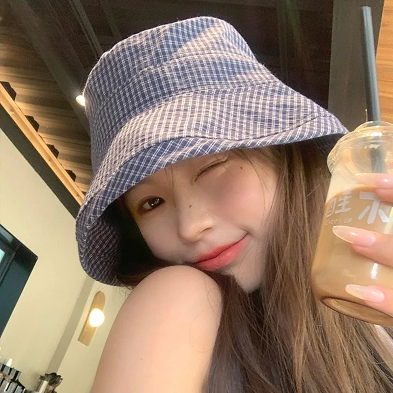 Japanese Style Fisherman Hat Women Summer Check Pattern Rolled Brim Wide Brim Face Slimming Bucket Hat Sun Protection 250618