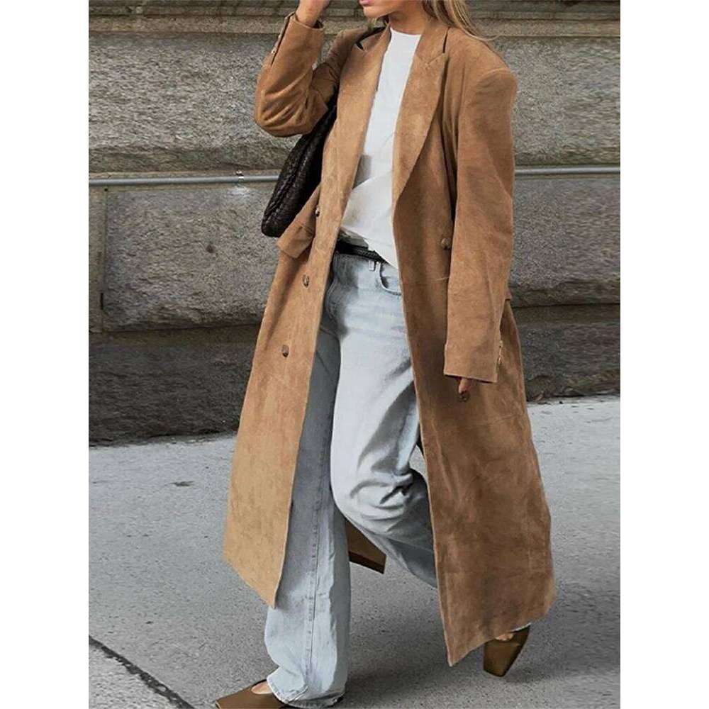 Elegant Suede Leather Women Long Windbreaker Coats Chic Lapel Double Breasted Lady Oversized Jackets 2024 Autumn Street Outwears