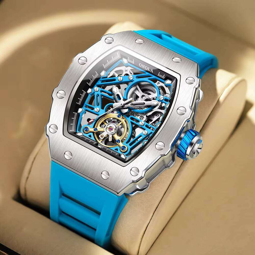 DHgadgets Fashion Hollow Tonneau Dial Automatic Sports Silicone Strap Mechanical Luminous Men's Watch