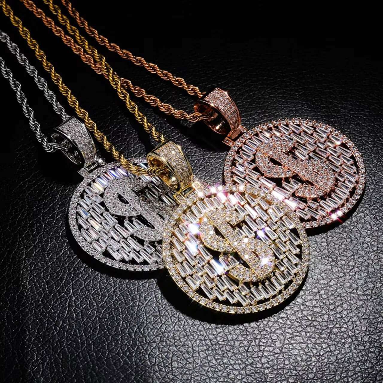 Luxury Hip Hop Style Bling Baguette Large Pendant Dollar Sign Necklace Moissanite Necklaces for Men and Women
