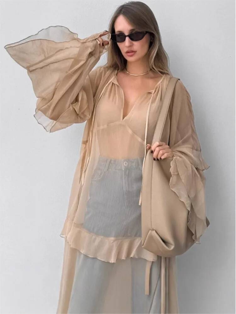 Fashion Ruffle Edge Dress Women Summer 2025 New Khaki Batwing Sleeve Loose Sun Protection Cover Long Dresses Female High Street
