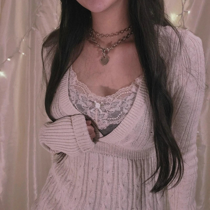 Fairycore Y2K Grunge Vintage Knitted Sweater Chic Women 90s Vintage V Neck Pullovers Aesthetics Retro Cute Jumpers Knitwear 250618