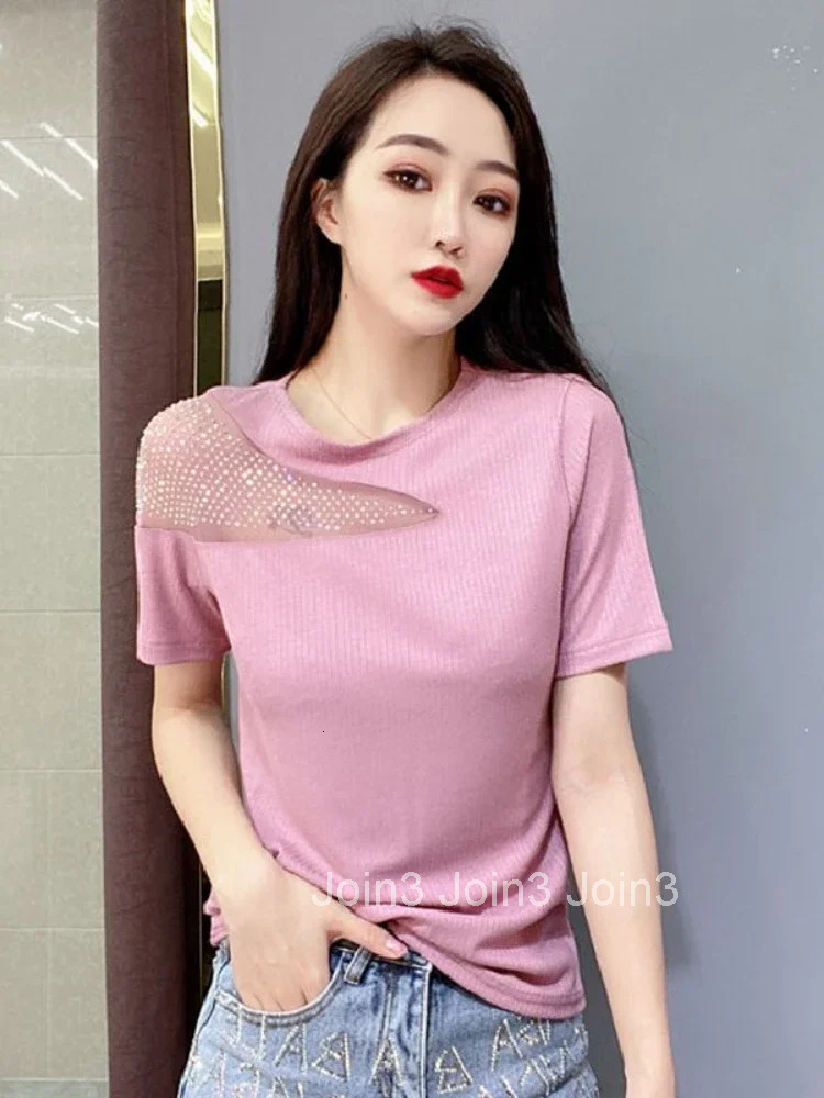 Womens T-shirt Rhinestone Summer Outfit Glitter Sequin Top Female Baggy Short Sleeve Plain Y2k Clothes Korean Popular Elegant