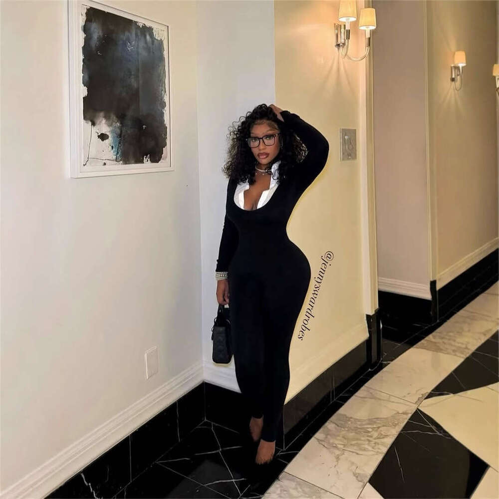 New Fashion Elastic Color-Block Fake Two-Piece Turn-Down Collar Long Sleeve Solid Color Jumpsuit For Women B5