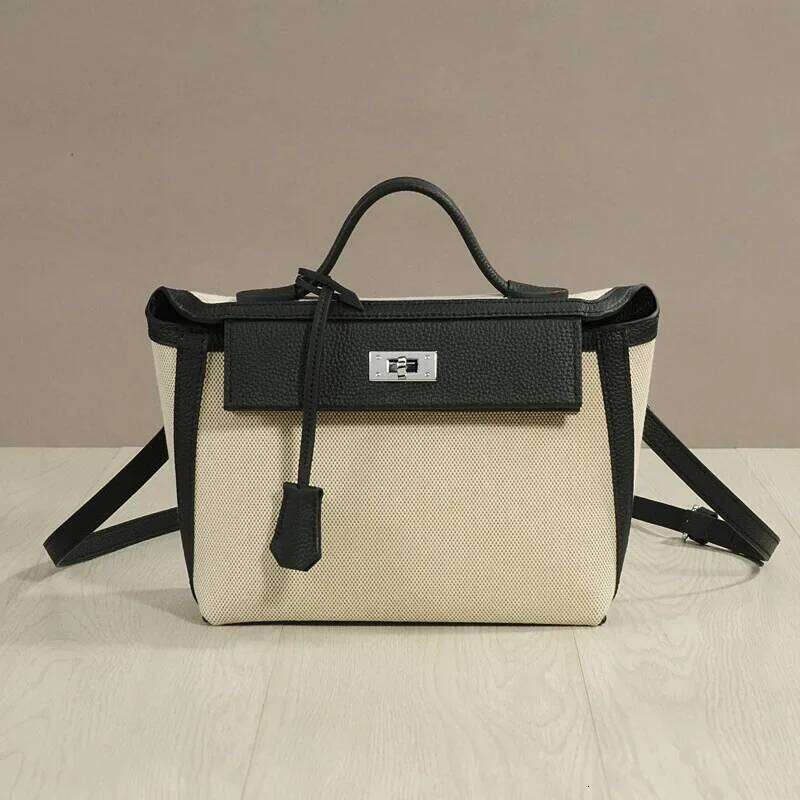 Vintage Classic High-End Feel Canva Cow Leather Flip-Open Molded Lock Buckle Color Blocking Small Square Crossbody Bag P
