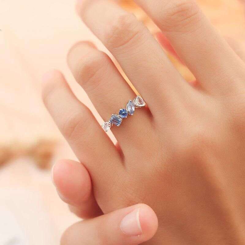 Blue Rainbow Ring for Women Ins Gold Plated Inlaid Colorful Zircon Fashion Light Luxury Small Niche