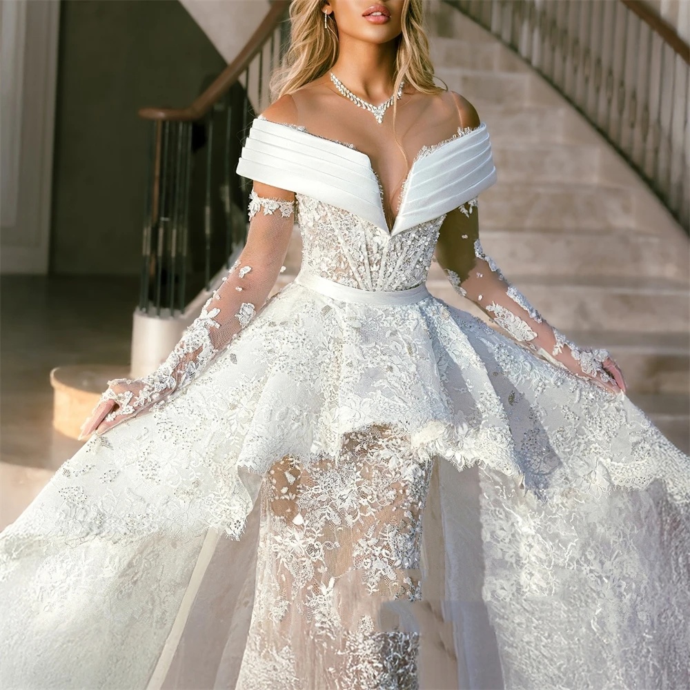 Designer Mermaid Wedding Dress Sheer Neck Off Shoulder Sleeveless Bridal Gowns Lace Appliques Detachable Train Dresses Custom Made vestidos de novia