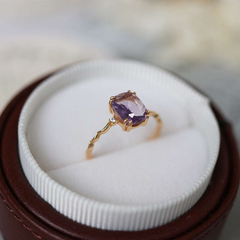 Amethyst Square Cut Shiny Imitation Zircon Wave Light Luxury Versatile Ring Trendy Gentle Women