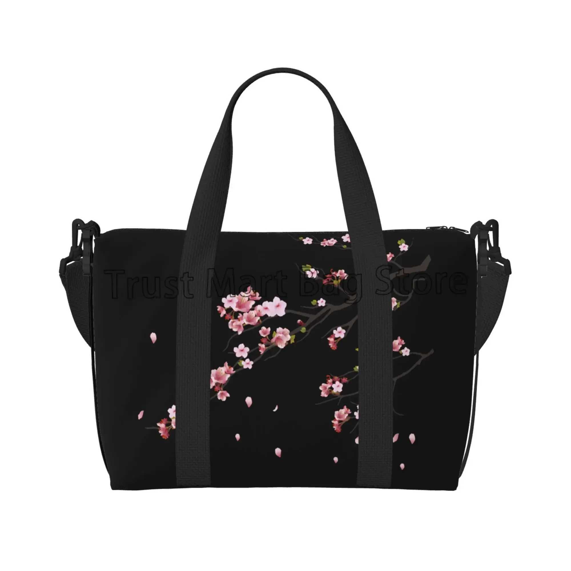 Japanese Sakura Cherry Blossoms Black Travel Bag Women Weekender Overnight Bags Unisex Casual Waterproof Luggage Bag W250618