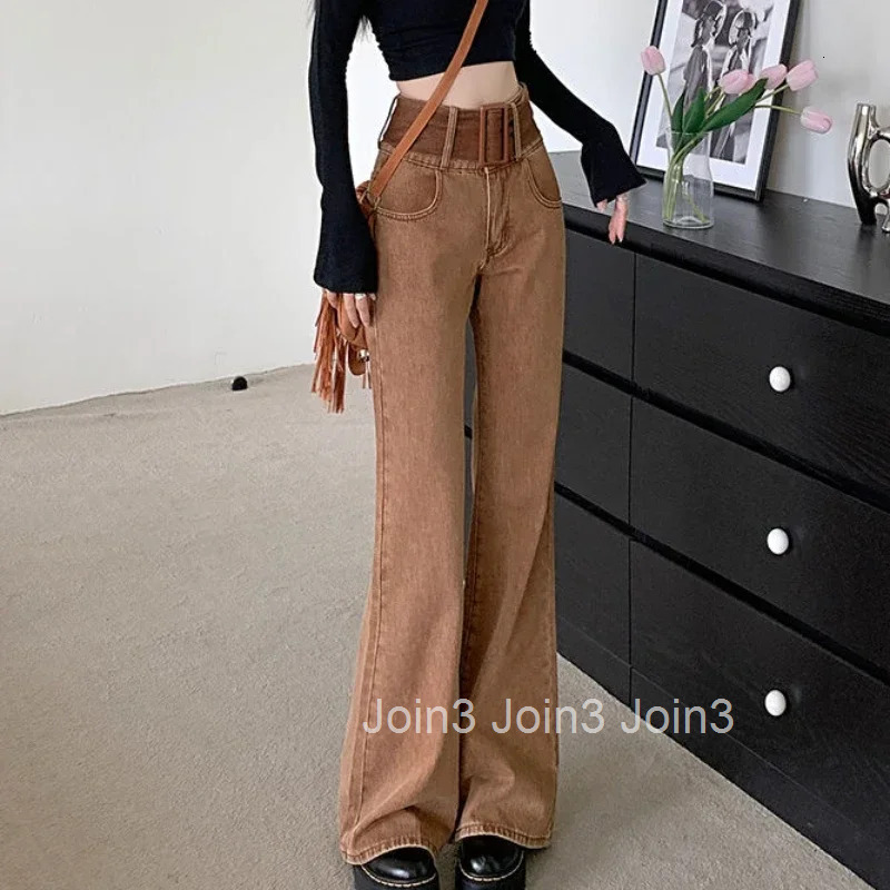 Brown Pants for Woman Flare Womens Jeans High Waist Shot Trousers Bell Bottom Flared Gyaru Wide Leg Hippie Korean Fashion Emo A