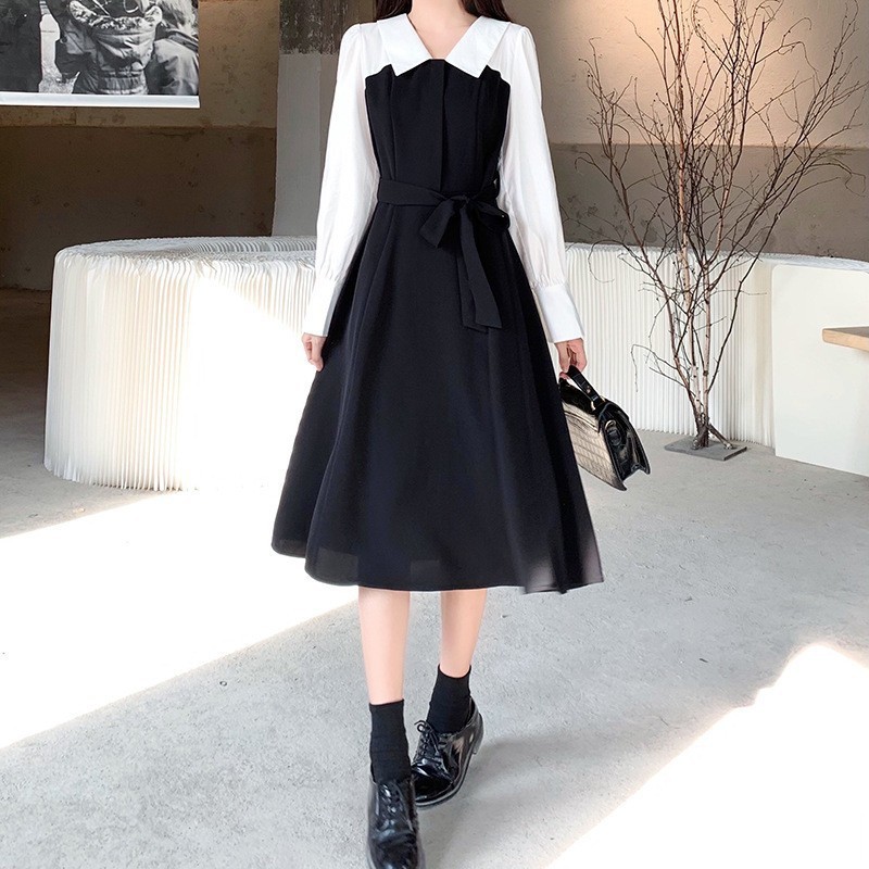 XR188 Retro Square Neck Over-the-Knee Waist Long Skirt Covering Belly