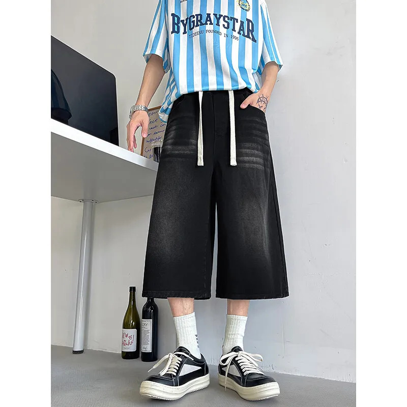 Loose Fit Cropped Jeans Elastic Drawstring Waist Stretch Denim Casual Wear Comfort Men Baggy Denin pants man Fashion Trendy 250617