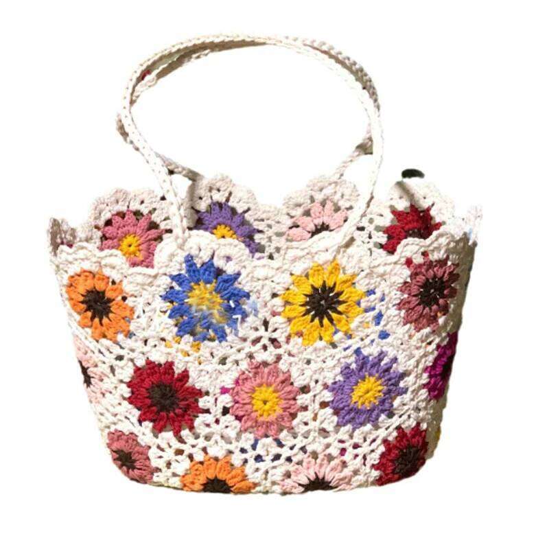 Fashion Vintage Flowers Handmade Knitting Crochet Shoulder Knitted Handbags Tote Women Designer Female Hand Bag
