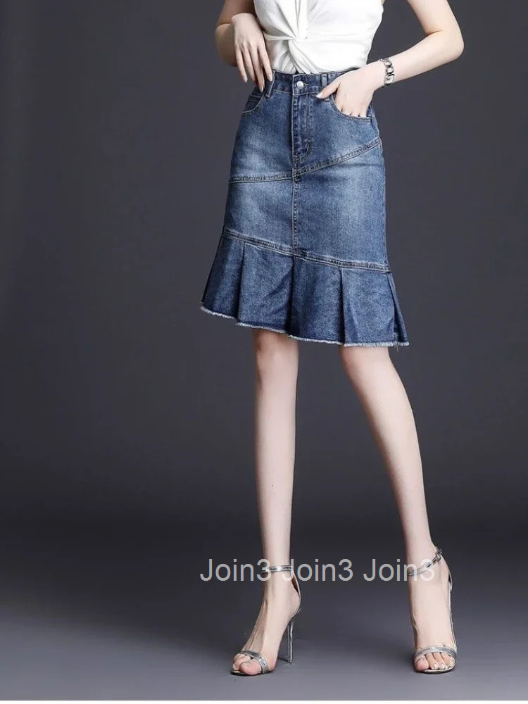 With Pocket Ruffle Womens Denim Skirt Zipper Blue Midi Chubby To Knees Length Female Jeans Skirts High Waist Y2k Vintage Cheap