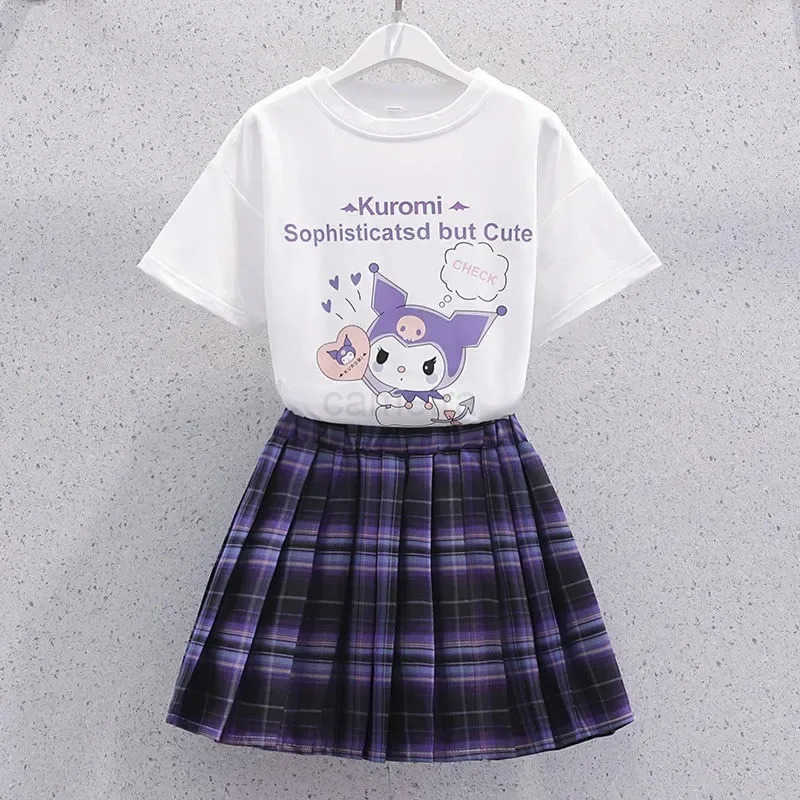 Sanrio Sanrio Kuromi Kawaii Girls College Style T-shirt Skirt Suit Summer Clothes JK Uniform Skirt Short Sleeve T-shirt Two Piece Set XJ250618