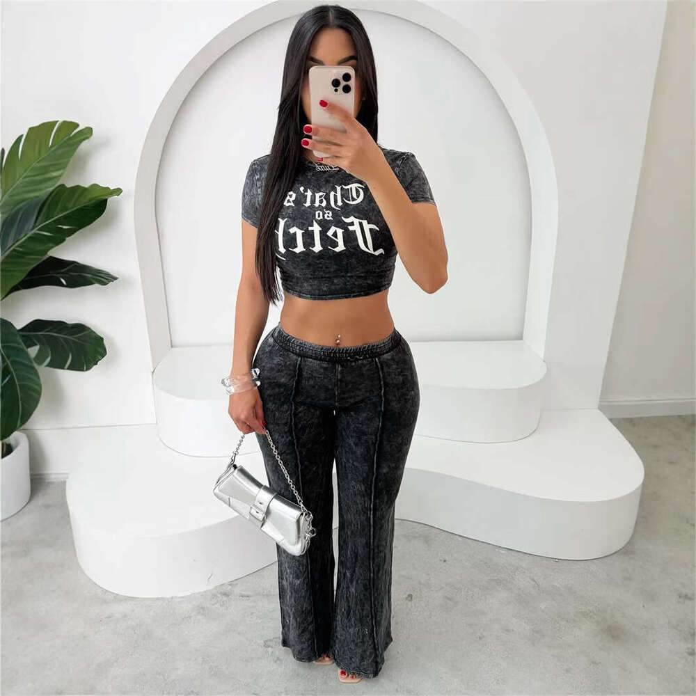 New High Hip Hop Solid Color Street Print Short Sleeve Top And Straight Leg Pants Set For Women B5