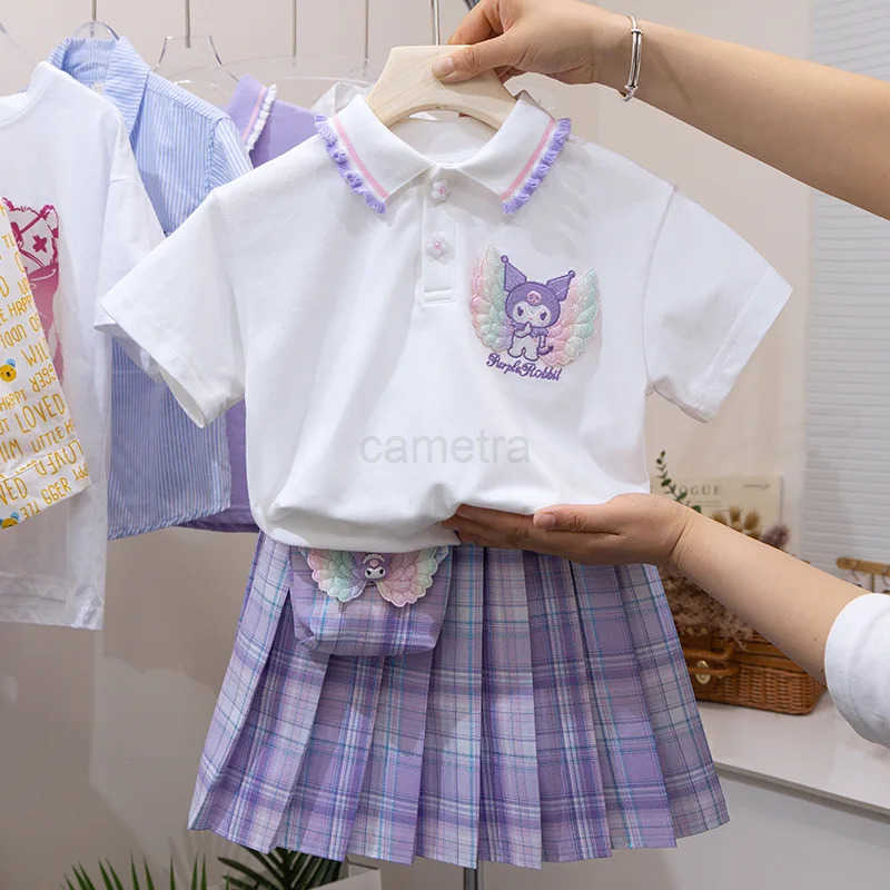 Sanrio Kawaii Kuromi Kids Plaid Skirt Set Korean Childrens Clothes Summer Fashion Sanrio Anime Cute Girl T-Shirt Pleated Skirt 2PcsXJ250618