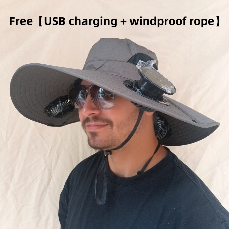 Waterproof Bucket Hat Sun Cap Tactics Wide-Brimmed Outdoor Fan Hat with Solar Charging Breathable Mesh Adjustable Speed Cap Hat Fishing foldable sun v