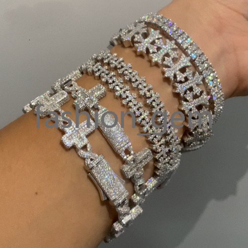 Cross Moissanite Cuban Bracelet Ready Stock Hip Hop Rock Moissanite 925 Silver Religious Jewelry Diamond Cuban Link Chain