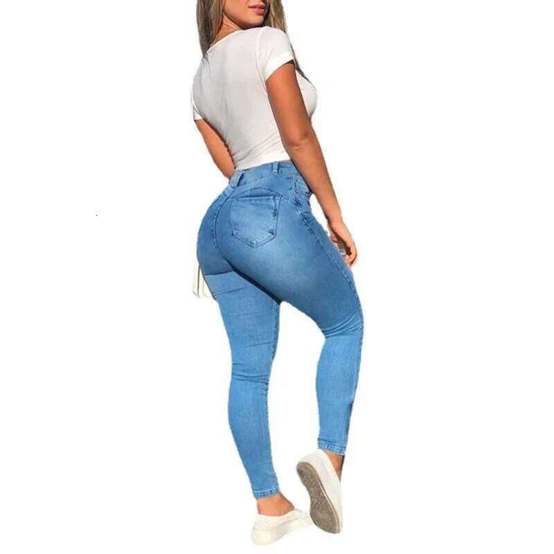 Wear Slim Fit Women's Workwear Pants Jeans Capri Sexy Trendy New Style High Waist Straight Leg Blue Denim Trousers