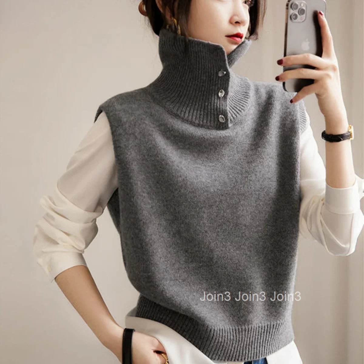 Winter Button Ladies Sweaters Grey Knitted Top for Women Gigh Neck Jerseys Vest Turtleneck Autumn 2025 Cold Jumper Korean Luxury