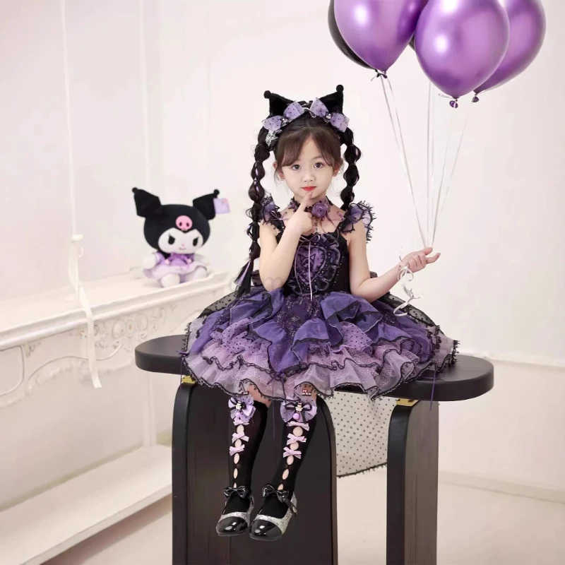 Sanrio Sanrio Cosplay Halloween Princess Dress Kuromi Lolita Spring Autumn CHILDRENS Costume Dresses Puffy Skirt Suit Cute Girls DressXJ250618