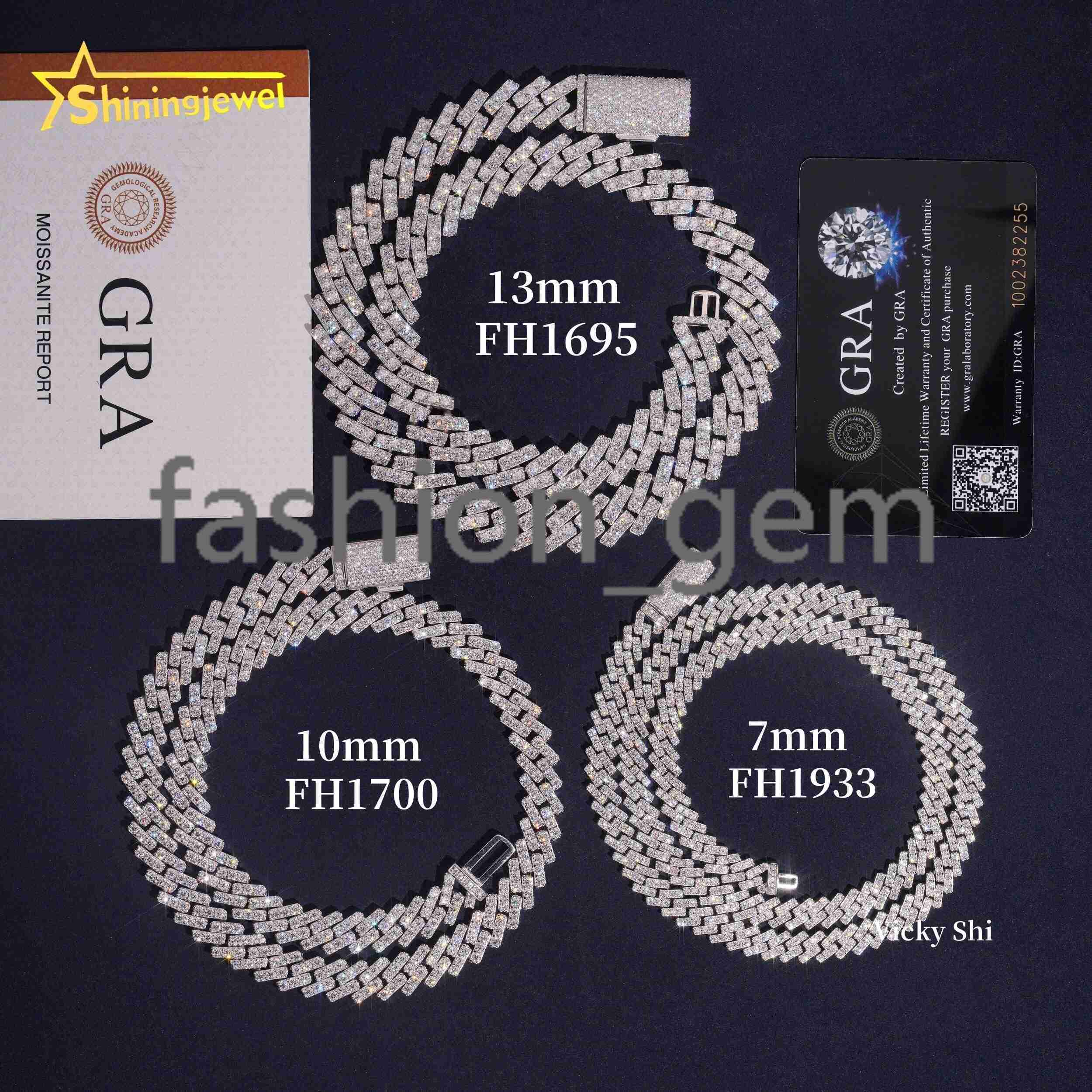 925 Sterling Silver Hip Hop 7mm 10mm 13mm Row Moissanite Cuban Necklace Men Women VVS Moissanite Chains Iced Out Link Chain
