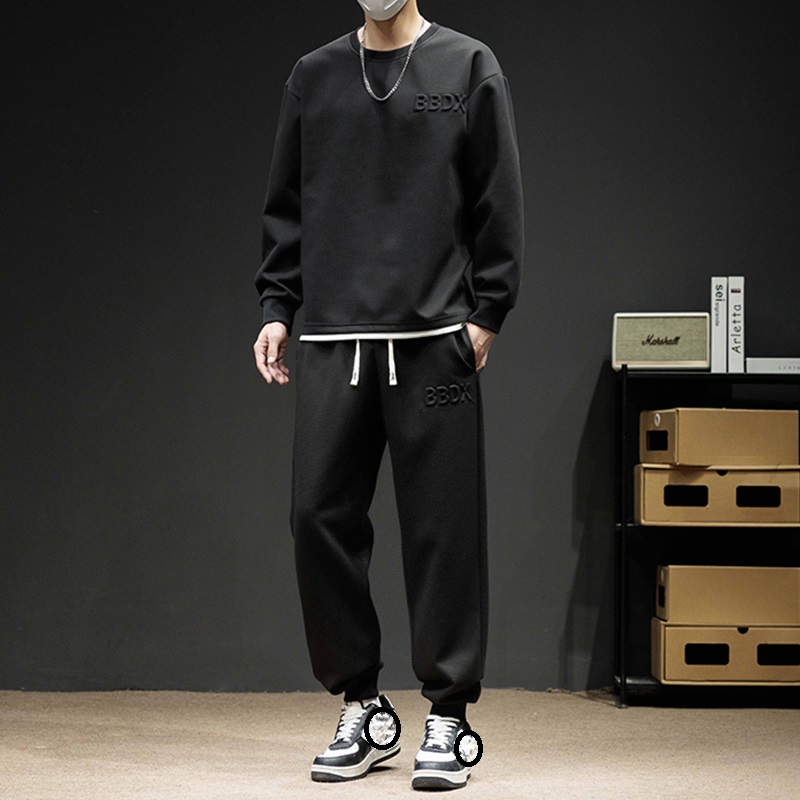 Designer 2-Piece Plus Size Men's Waffle Knit Sweatshirt Set Autumn Loose-Fit Sportswear - Oversized Casual Tracksuit