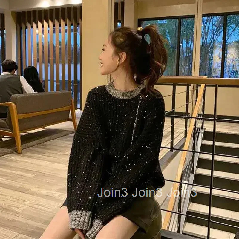 Womens Sweater Black Round O Neck Knit Tops For Woman Pullovers Cheap And Stylish Offers Clothes Harajuku Fashion Korean