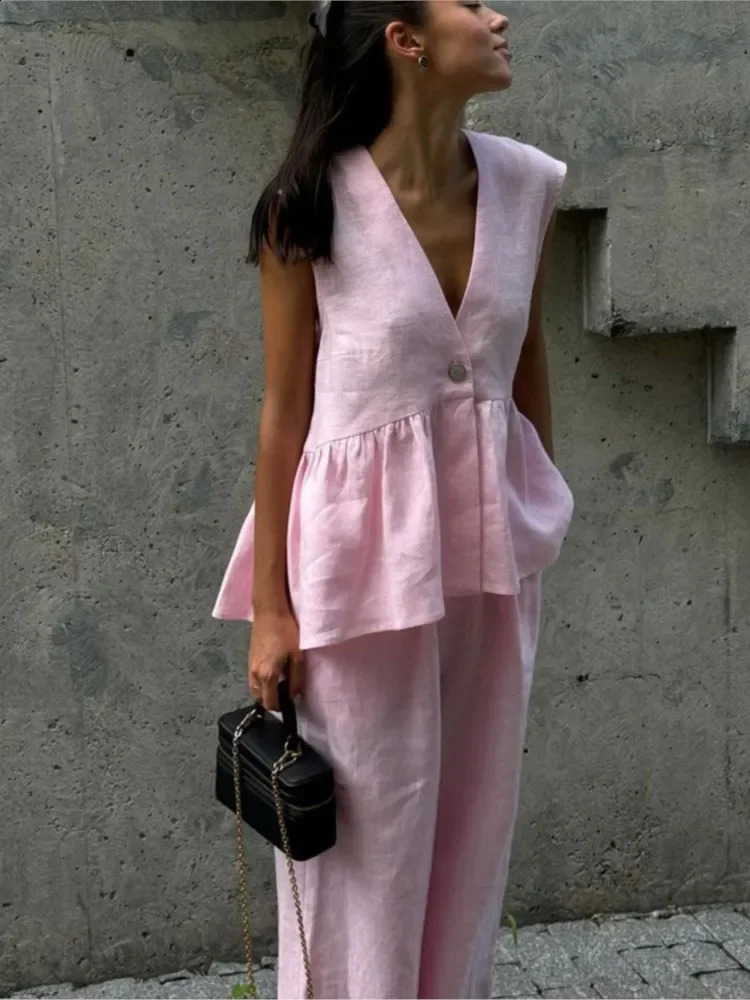 Summer Chic Womens Set Solid Color Cotton Linen Two Piece Set Fashion Ruffles Sleeveless Tank Top With Wide Pants Outfit Female 250617