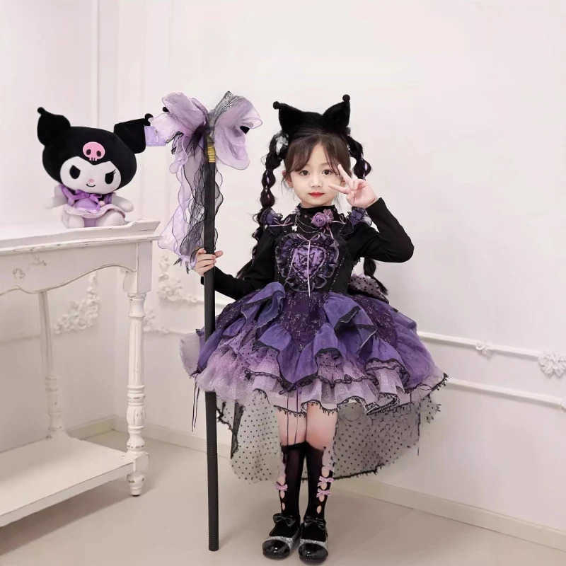 Sanrio Sanrio Cosplay Halloween Princess Dress Kuromi Lolita Spring Autumn CHILDRENS Costume Dresses Puffy Skirt Suit Cute Girls DressXJ250618
