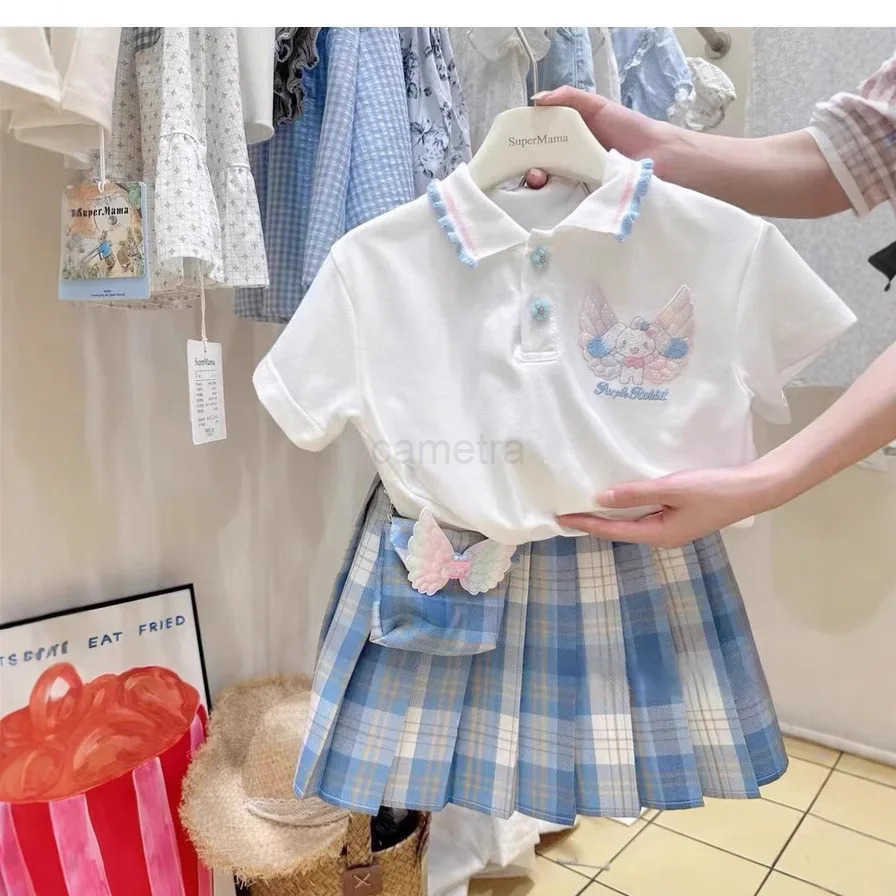 Sanrio Kawaii Kuromi Kids Plaid Skirt Set Korean Childrens Clothes Summer Fashion Sanrio Anime Cute Girl T-Shirt Pleated Skirt 2PcsXJ250618