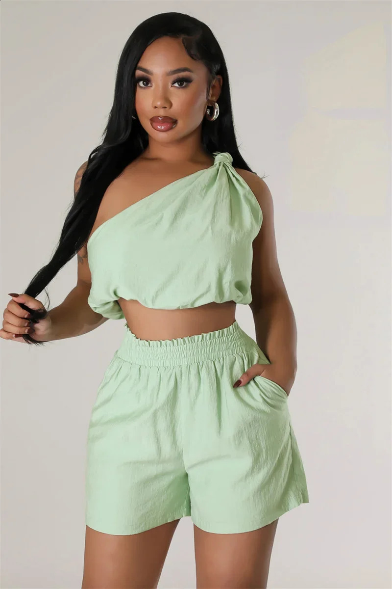 Solid Casual 2 Piece Set Woman Outfit Summer Clothes One Shoulder Draped Crop Top and Shorts Women Matching Sets Ensemble Short 250617