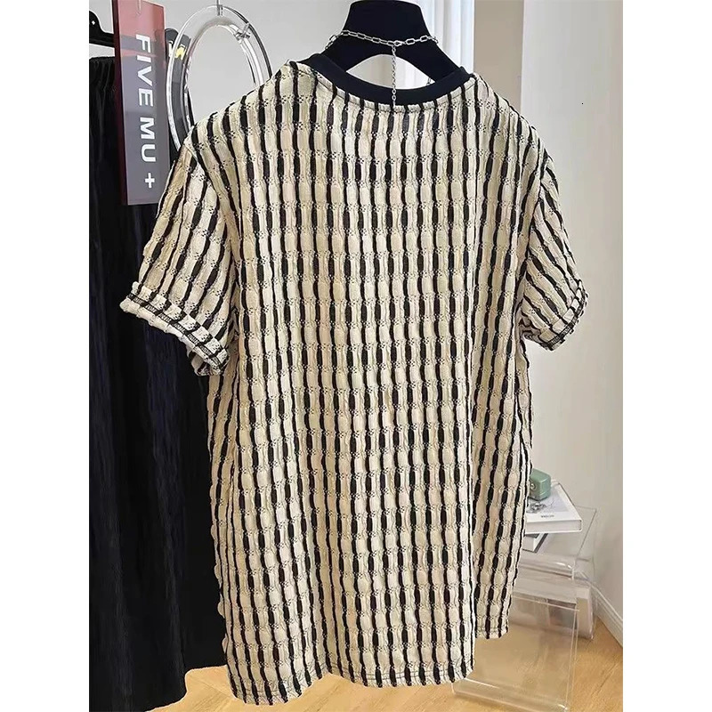 Korean Fashion Summer T-Shirts Mens O-neck Panelled Hollow Out Jacquard Weave Temperament Casual Loose Short Sleeved Knit Tops 250617