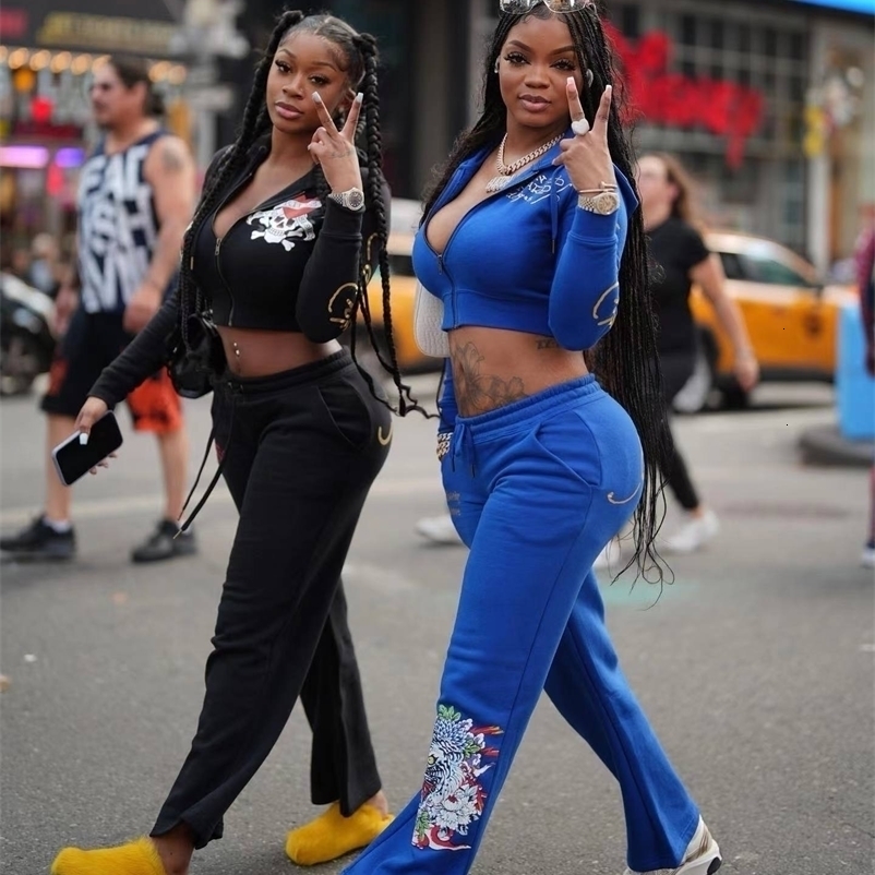 Trendy Street Skull Love Print Basic Zipper Short Cardigan High Waist Straight Trousers Two-piece Set for Women 250617