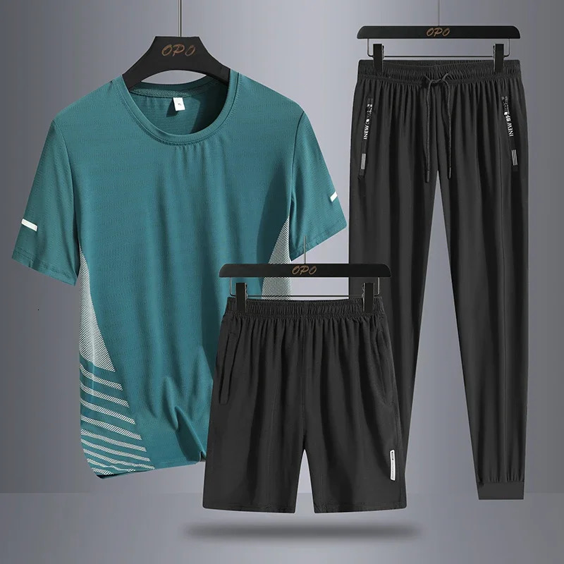 Mens Ice Silk Quick Drying Three Piece Set with Round Neck Short Sleeved T-shirt Comfortable Sports Sets Casual Pants Shorts 250617