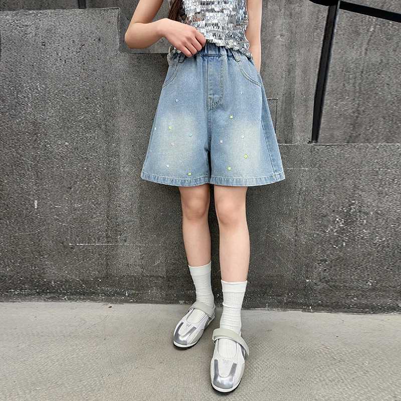 Girls summer small flower denim shorts 2025 new fashion jeans casual sports shorts 5-15 years oldC250617