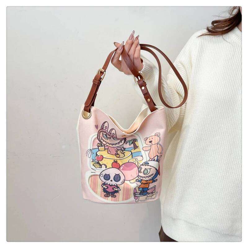 Labubu Bag Cartoon LABUBU Canvas For Students Large Capacity Commuting One Shoulder Bucket Crossbody Bag Anime Gift