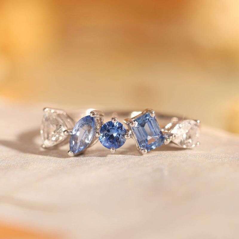 Blue Rainbow Ring for Women Ins Gold Plated Inlaid Colorful Zircon Fashion Light Luxury Small Niche