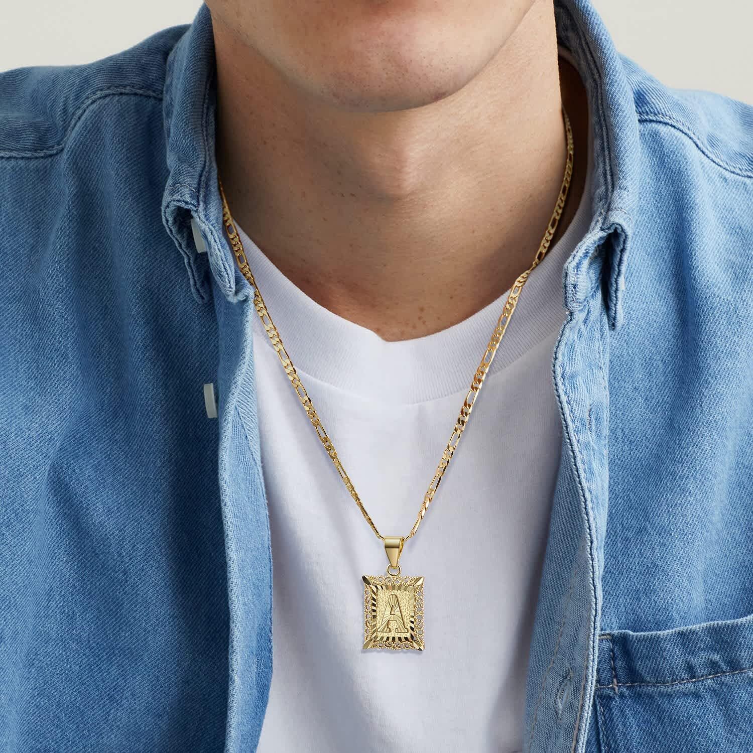 Luxury Unisex Initial Pendant Necklace 18K Gold Plated Square Capital Letter Interwoven Design A-Z Alphabet Charms on Premium Figaro Chain