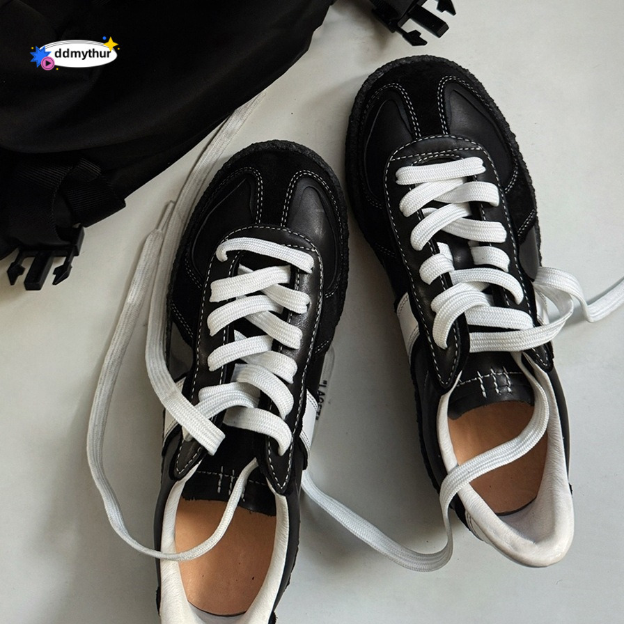 2024 Niche Black German Training for Women Thick Sole Round Toe Lace-up Genuine Leather Sports Casual Shoes Sneakers ddmythur