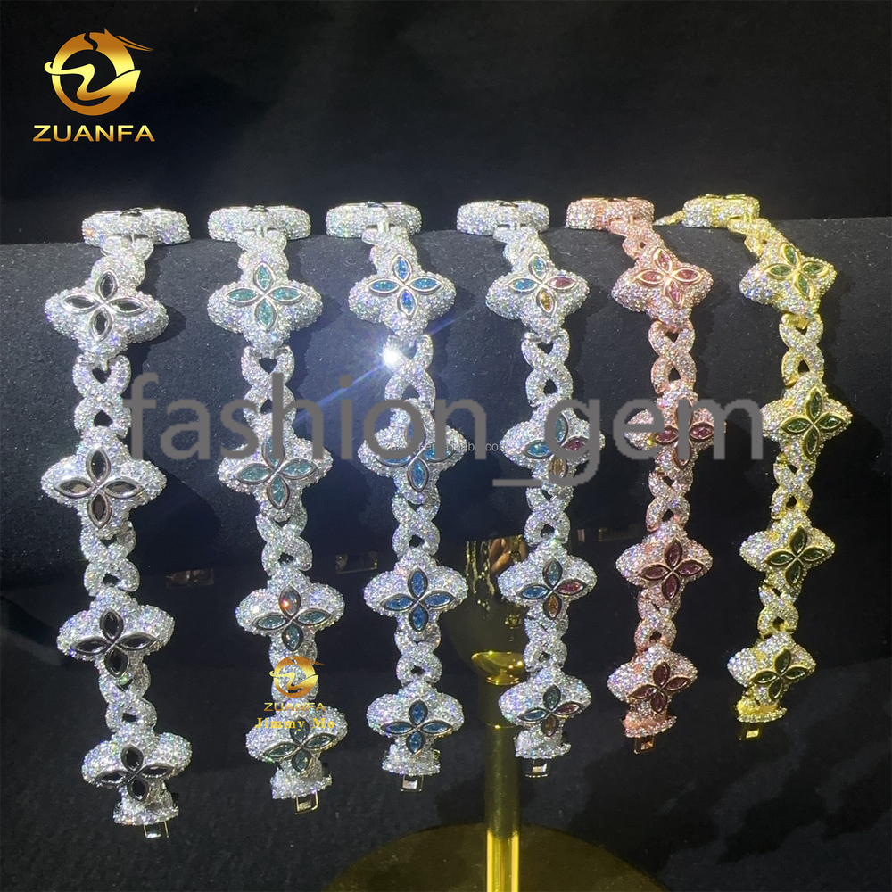 Bulk Stock New Design 15mm Marquise Flower Design Hip Hop Jewelry Iced Out Moissanite Diamond Infinity Cuban Link Bracelet Men