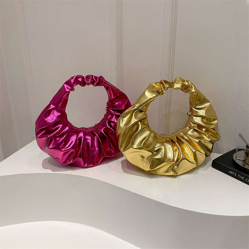Women's New Shiny PU Pleated Preppy Style Handheld Bag for Outdoor Recreation