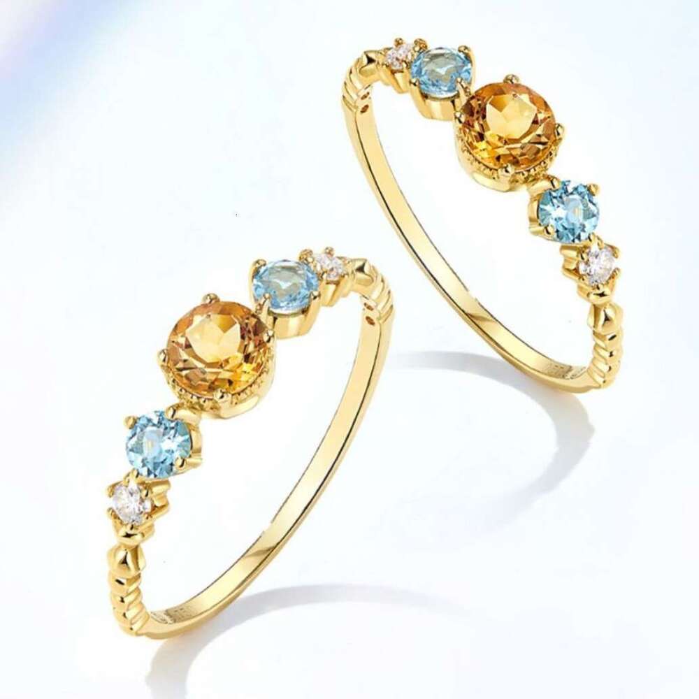 Orange and Sea" Gold-Plated High Imitation Stone Natural Blue Topaz Colorful Light Luxury Versatile Women's Ring