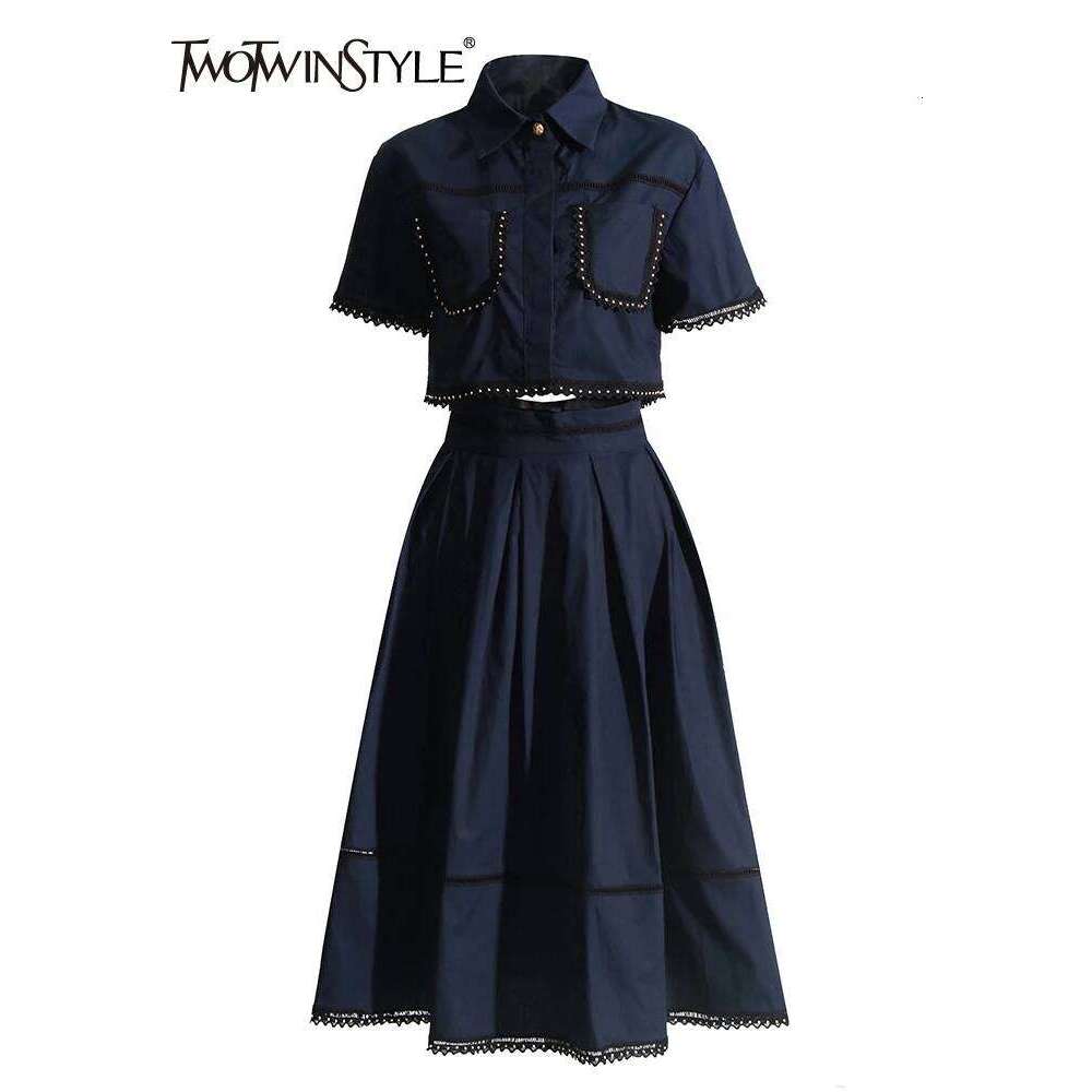 Solid Summer Two Piece Sets For Women Lapel Short Sleeve Tops High Waist A Line Skirt Slim Set Female Fashion New